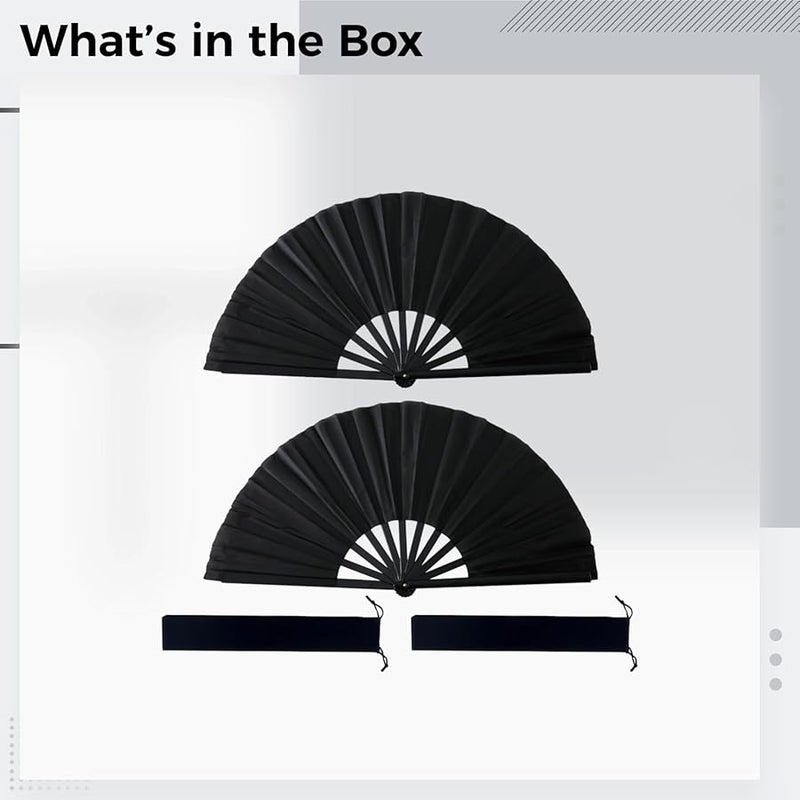 Black Tai Chi Folding Dance Fans 25 2 Inch 2 Pack Plastic Rib With Pouch - Image 3